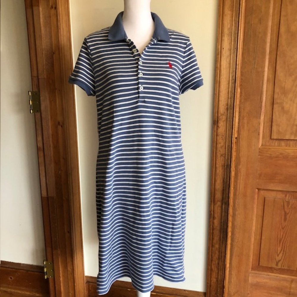 RALPH LAUREN Polo Shirt Dress White Blue Stripe Cotton Short Sleeve Co…